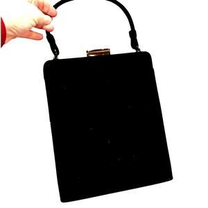 Vintage black felted wool pocketbook by Lewis a top handle purse 1950’s handbag